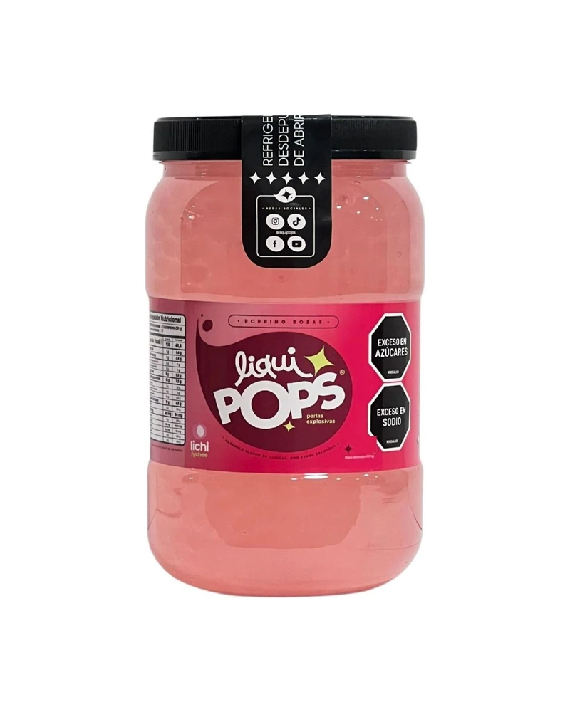 Tarro LiquiPops Lyche 1150g — perlas explosivas en almíbar, fondo blanco